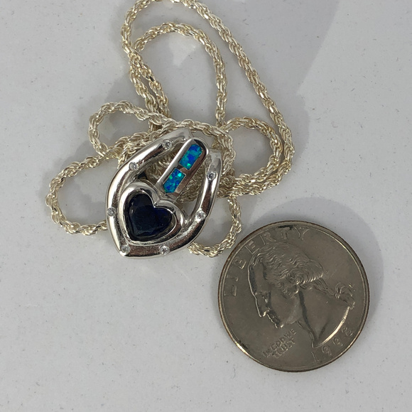 For My Love Sterling Heart Sapphire Opal 925 Silver Rope Necklace - Picture 5 of 7